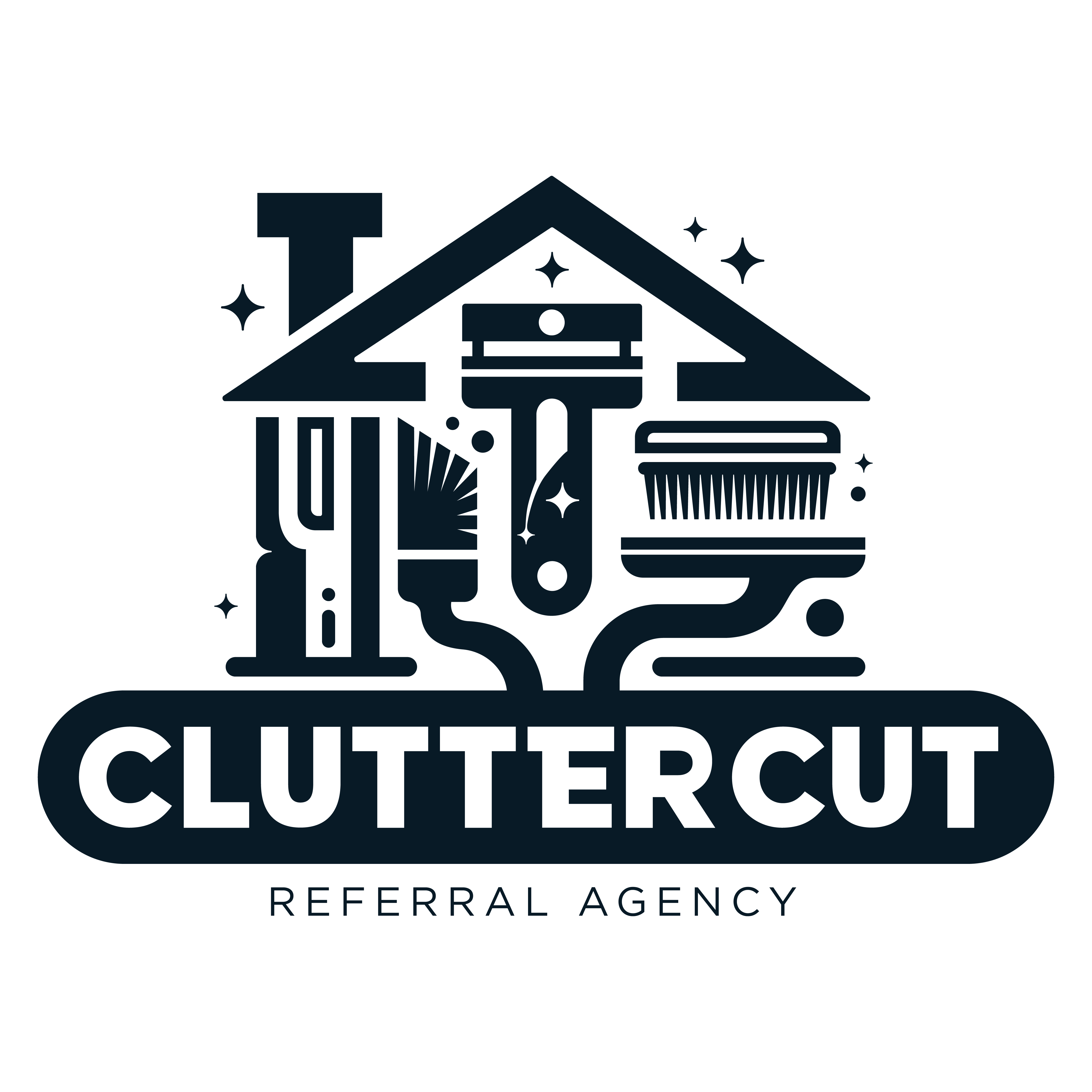 Logo of "clutter cut referral agency" featuring cleaning tools and a house silhouette.