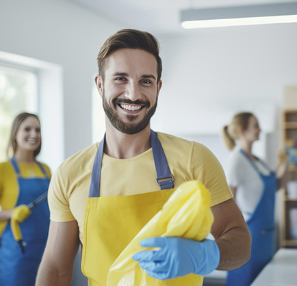 A smiling man in a yellow apron and blue gloves holding a cleaning cloth with two women wearing yellow aprons in the background.