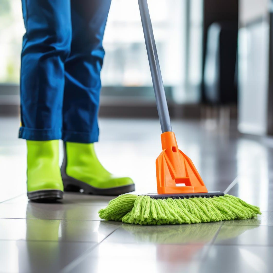 Person mopping floor with green mop and wearing bright green boots.